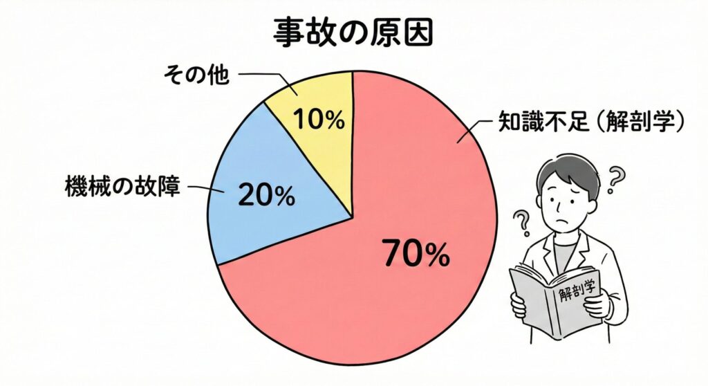  エステ事故の原因の70%が知識不足によるものであることを示す円グラフ
