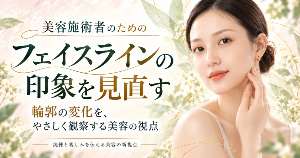 頬と顎の近くに指を添える女性と「フェイスラインの印象を見直す」の文字を配した美容記事のAIイメージ。