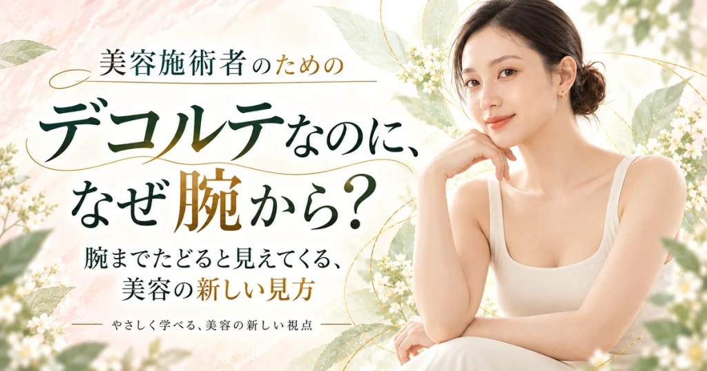 鎖骨と腕が見える白いノースリーブ姿の女性と「デコルテなのに、なぜ腕から?」の文字を配した美容記事のAIイメージ。