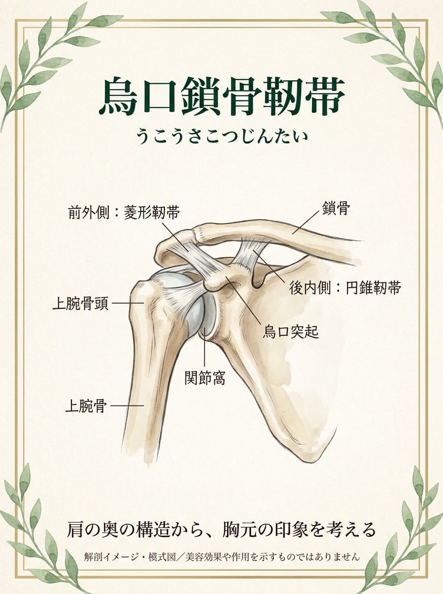 烏口鎖骨靱帯の位置関係を示す解剖イメージ・模式図
