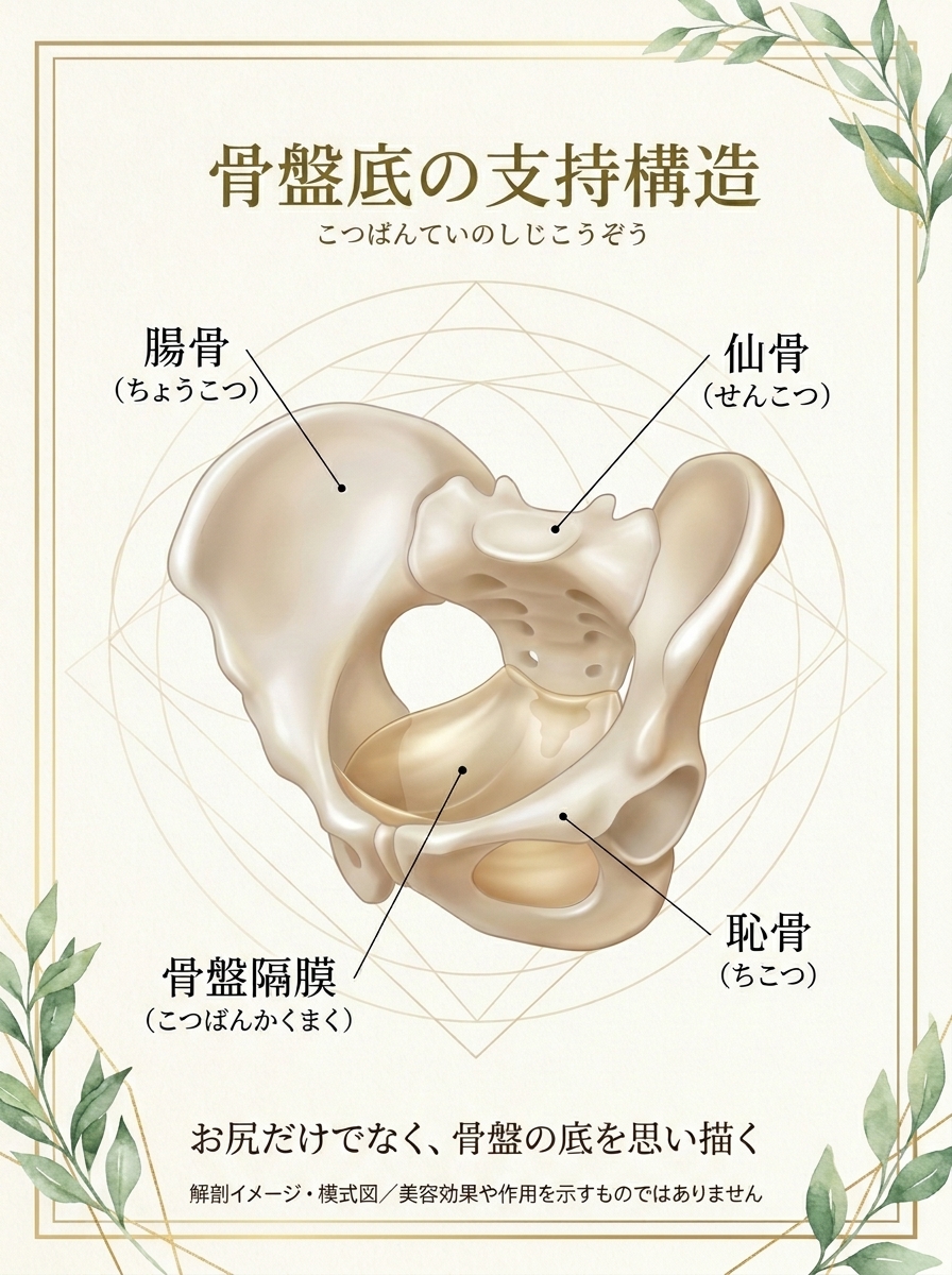 骨盤底の支持構造の位置関係を示す解剖イメージ・模式図