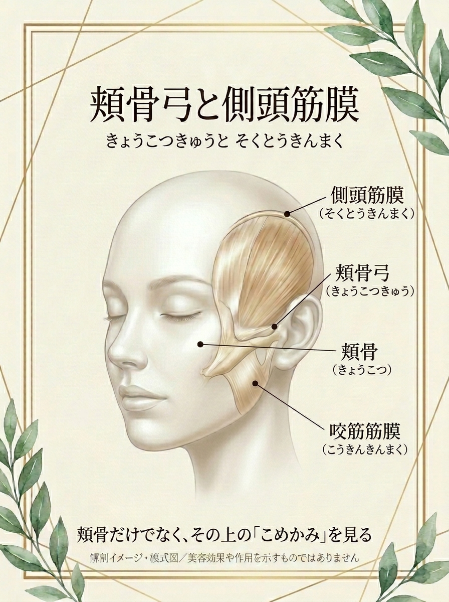 頬骨弓と側頭筋膜の位置関係を示す解剖イメージ・模式図