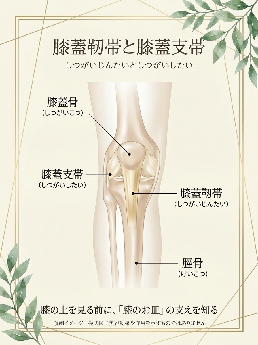 膝蓋靱帯と膝蓋支帯の位置関係を示す解剖イメージ・模式図