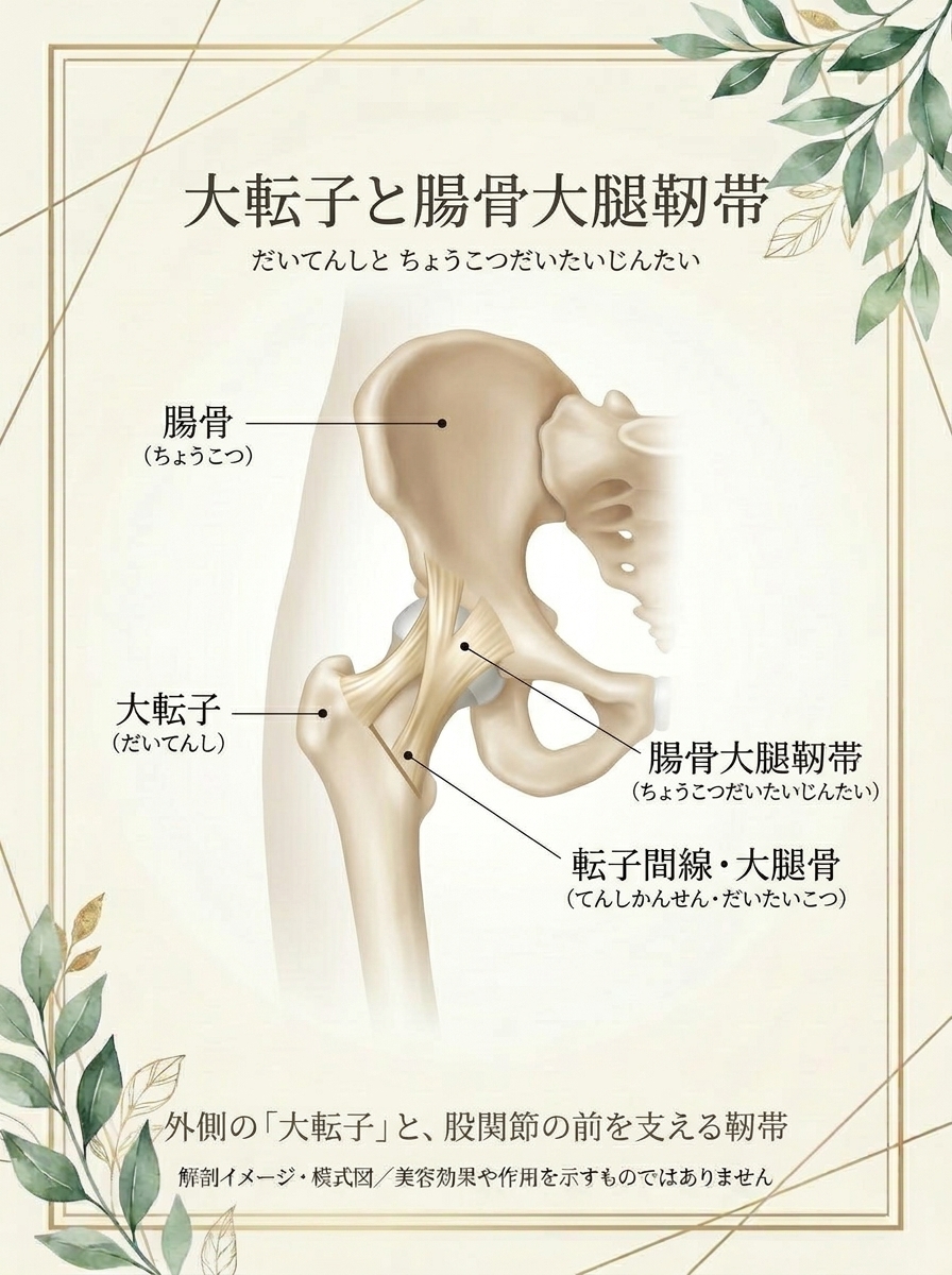 大転子と腸骨大腿靱帯の位置関係を示す解剖イメージ・模式図