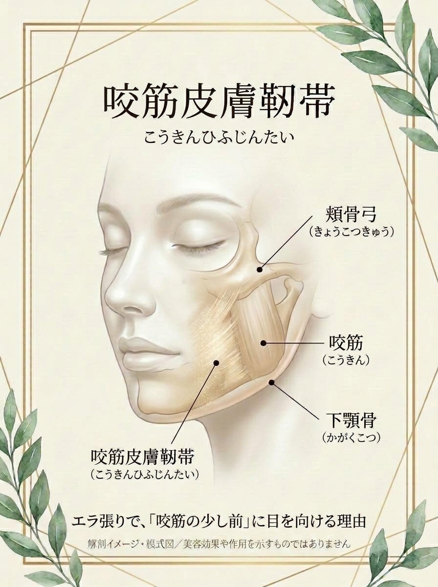 咬筋皮膚靱帯の位置関係を示す解剖イメージ・模式図
