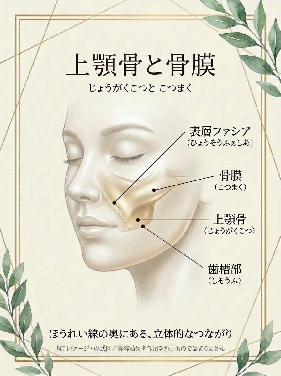 上顎骨と骨膜の位置関係を示す解剖イメージ・模式図