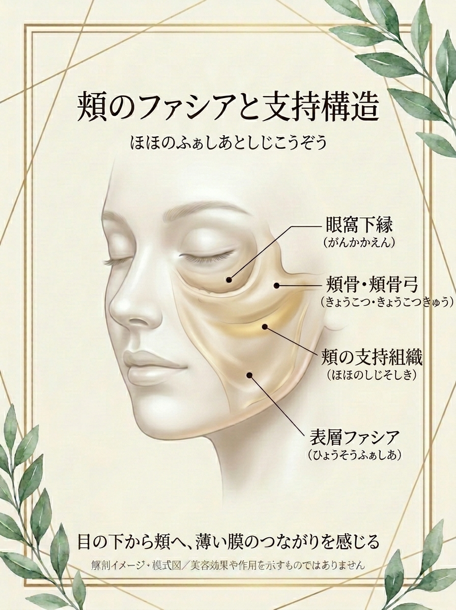 頬のファシアと支持構造の位置関係を示す解剖イメージ・模式図