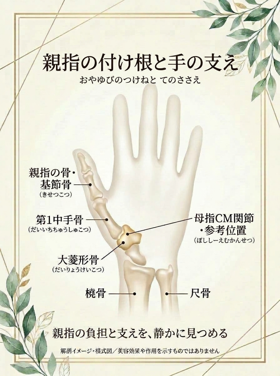 親指の付け根と手の支えの位置関係を示す解剖イメージ・模式図