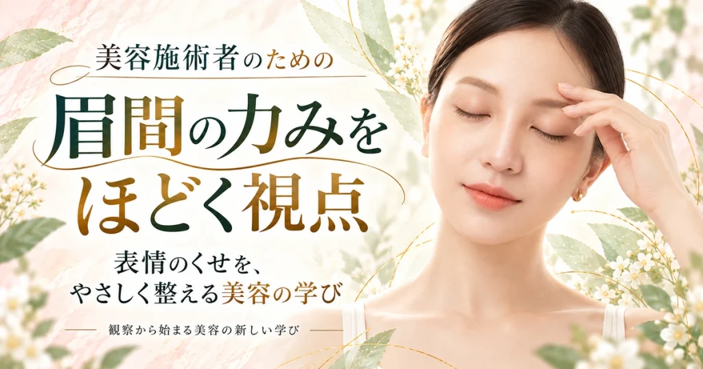 目を閉じた女性が眉の上から額へ指先を軽く添えている。