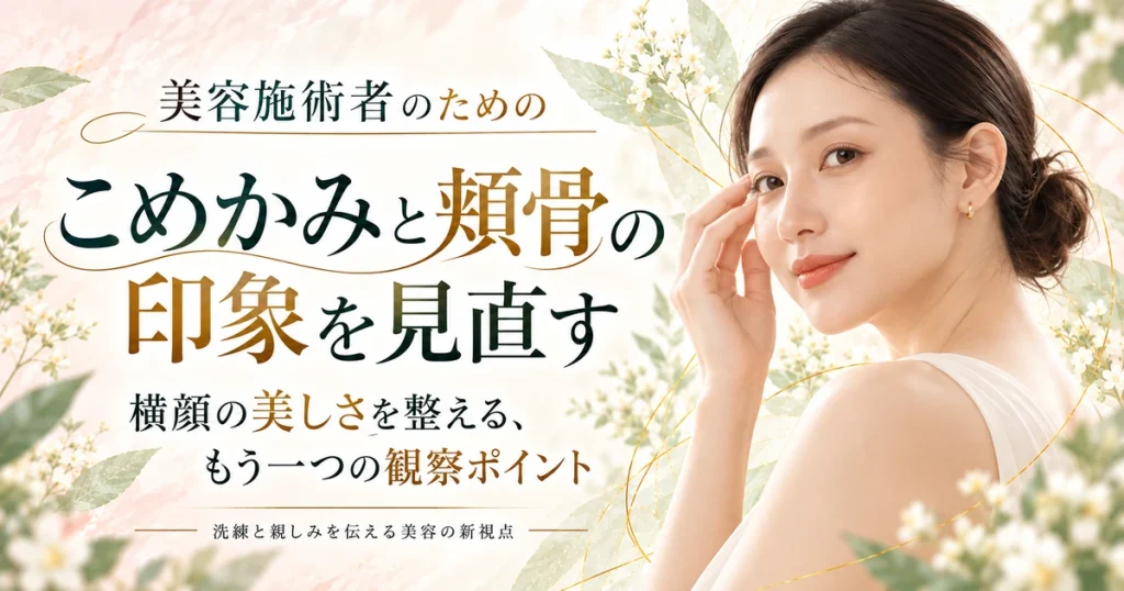 横顔を見せた女性がこめかみ付近へ指先を軽く添えている。