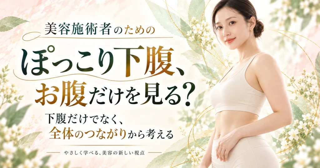 生成り色のトップスとパンツを着た女性が、下腹部から腰付近へ手を添えて立っている。