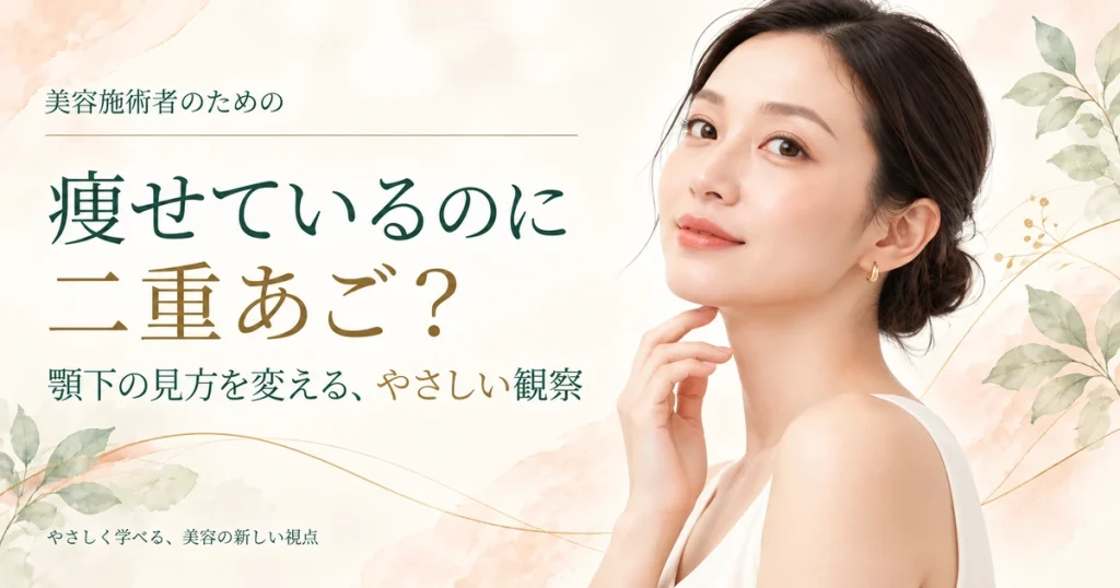 白いノースリーブを着た女性が顎の下へ指先を軽く添え、顔を斜めに向けている。