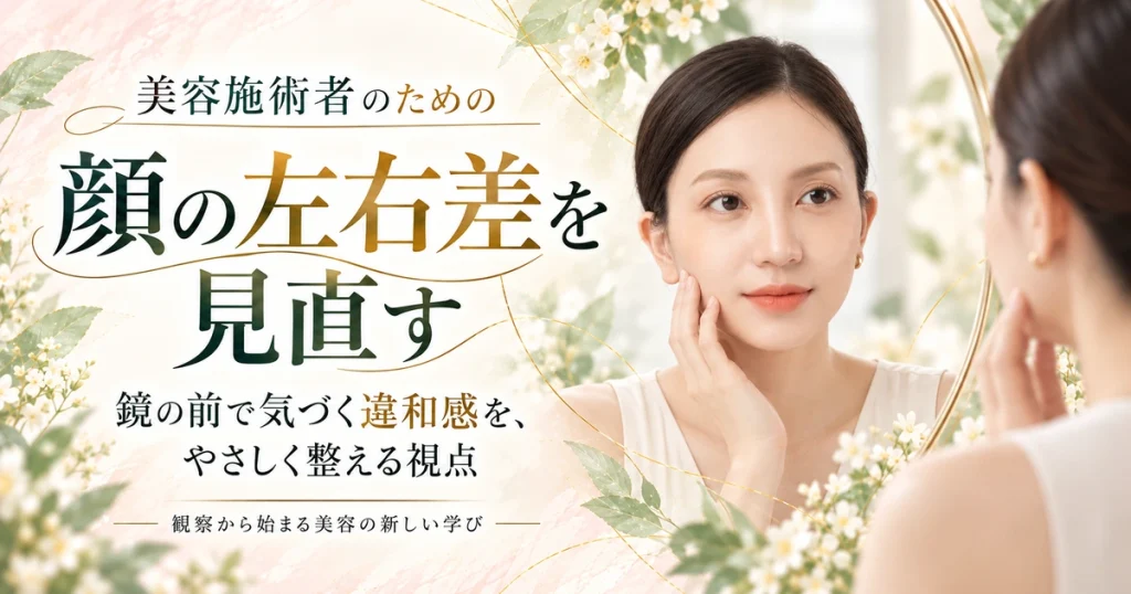 丸い鏡を見ながら、女性が自分の頬へ手をそっと添えている。