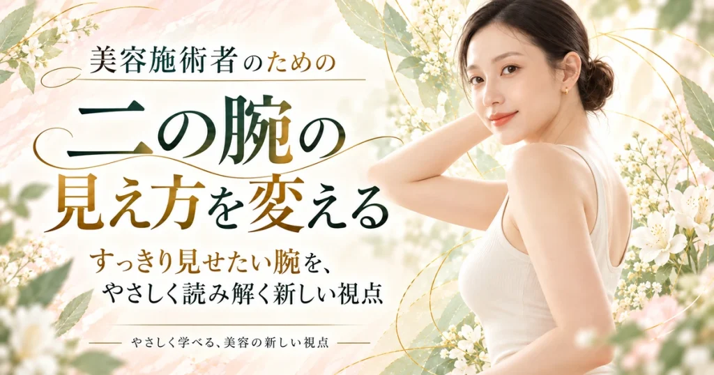 白いノースリーブを着た女性が片腕を曲げ、肩から二の腕のラインを見せている。