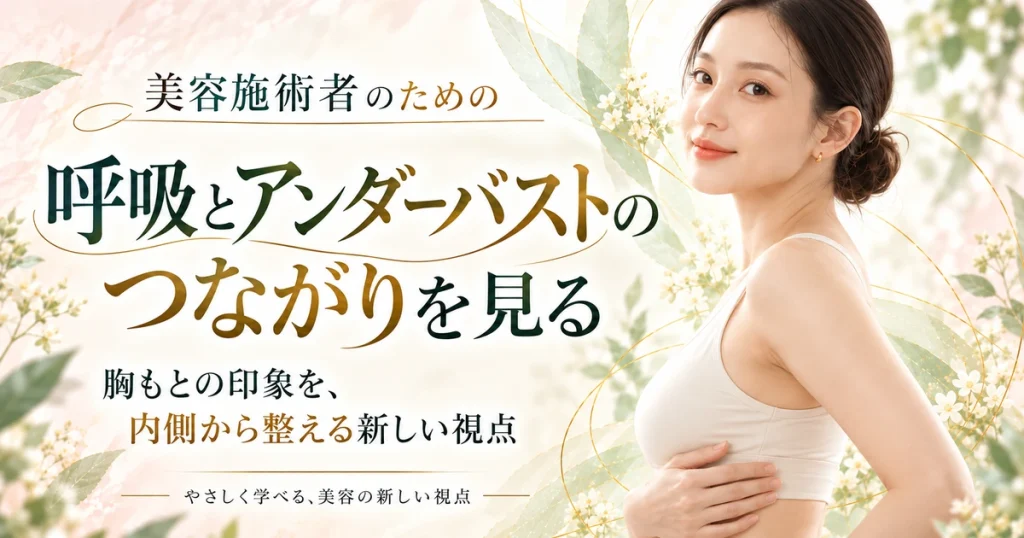 白いトップスを着た女性が横を向き、肋骨の下あたりへ手を軽く当てている。