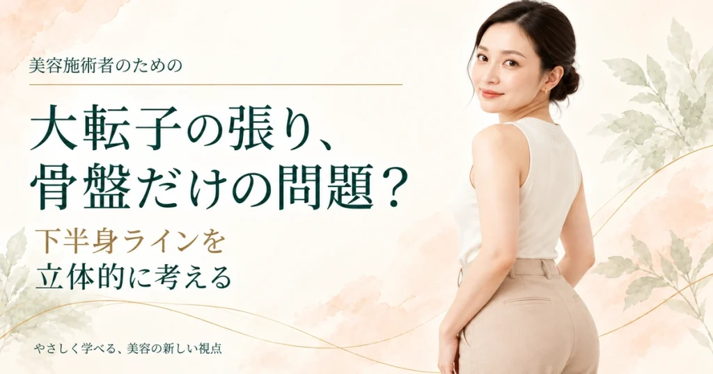 生成り色の服を着た女性が背中を斜めに向け、腰から太ももの付け根のラインを見せている。