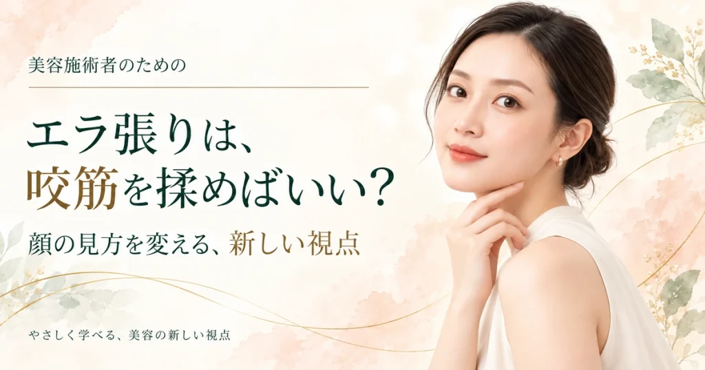 顎のラインに指を添える女性と「エラ張りは、咬筋を揉めばいい？」の文字を配した美容記事のAIイメージ。