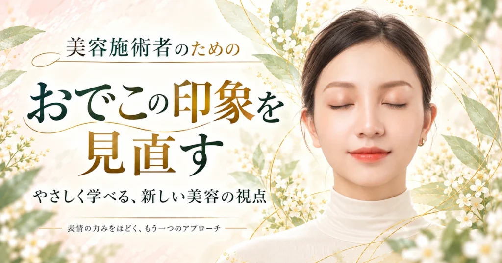 目を閉じて額を見せる女性と「おでこの印象を見直す」の文字を配した美容記事のAIイメージ。