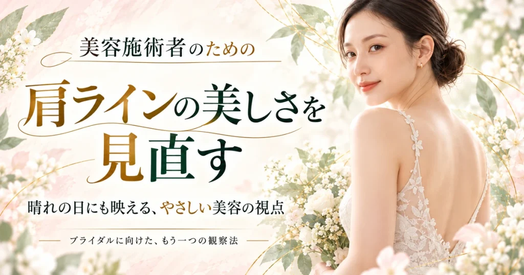 花束を持って振り返るウェディングドレス姿の女性と「肩ラインの美しさを見直す」の文字を配した美容記事のAIイメージ。