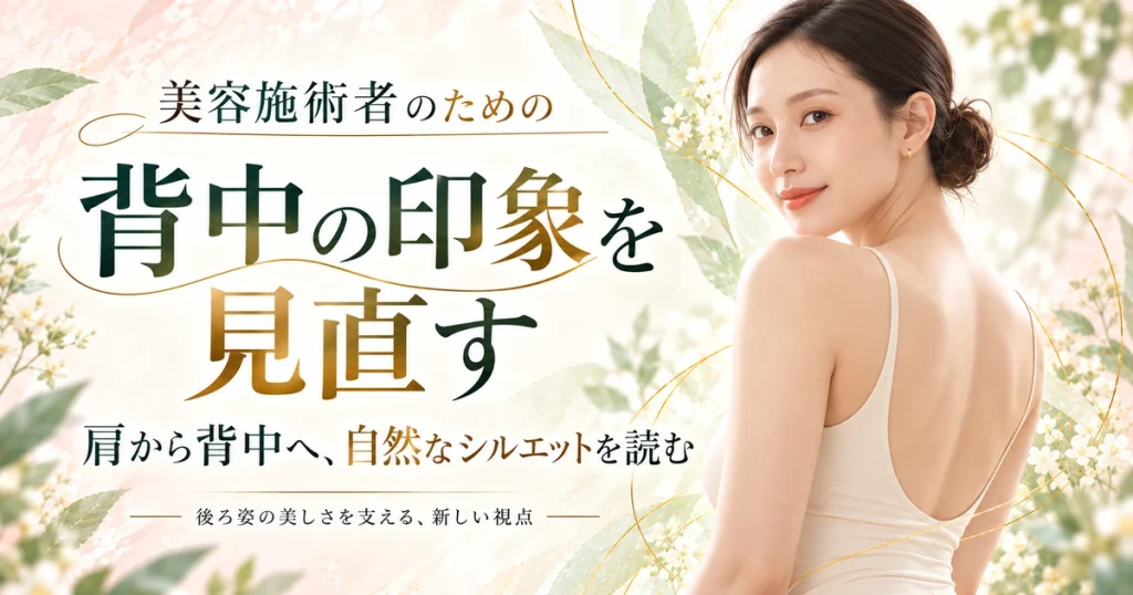 背中の開いた白いトップスで振り返る女性と「背中の印象を見直す」の文字を配した美容記事のAIイメージ。
